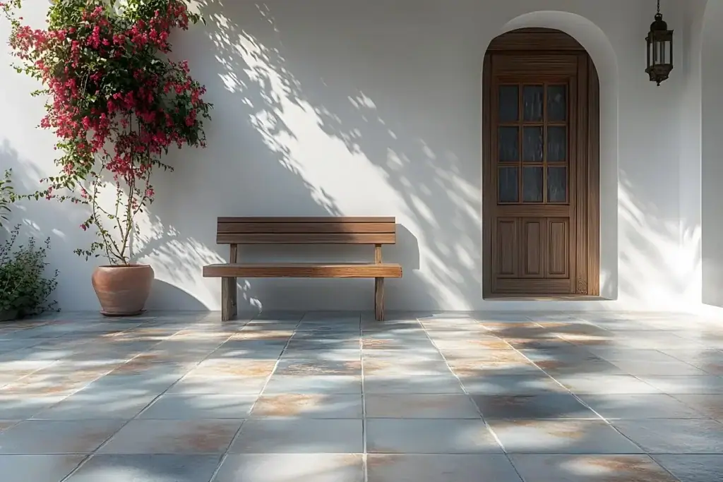 Terrasse mit Bodenplatten in Steinoptik vor einer hellen Hausfassade
